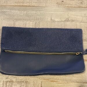 Navy Blue Foldover Clutch with Gold Zipper